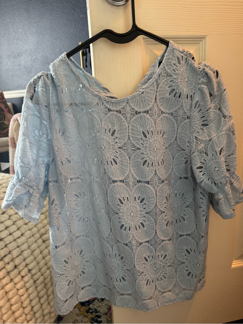Lace Overlay Puff Sleeve Top - Light Blue
